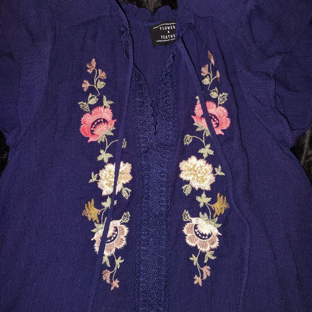 Flower and Feather M Navy Blue Embroidered Ruffled Tie Neck Pullover Floral